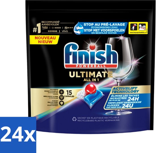 24 x Finish Powerball - Ultimate All in 1 - Vaatwastabletten - Activelift - 15 Capsules - Vaatwastabletten - Vaatwassertabletten - Finish Quantum - Activelift - Glans