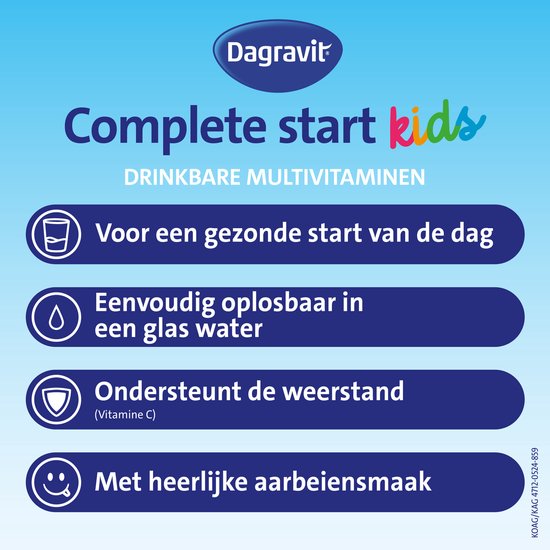 Dagravit Complete start kids: voor een gezonde start, makkelijk oplosbaar, ondersteunt de weerstand (Vitamine C), met heerlijke aardbeiensmaak.