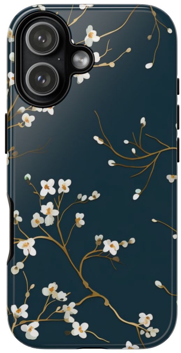 Witte Bloesemtakken op Donkerblauw – Telefoonhoesje Geschikt voor iPhone 17