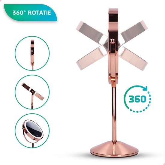 Rosegouden spiegel met 360 graden rotatie en verstelbare hoek.
