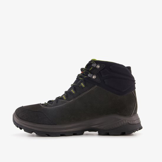 Donkergrijze wandelschoen met Vibram zool, neon-groene veters en oranje logo op de tong.