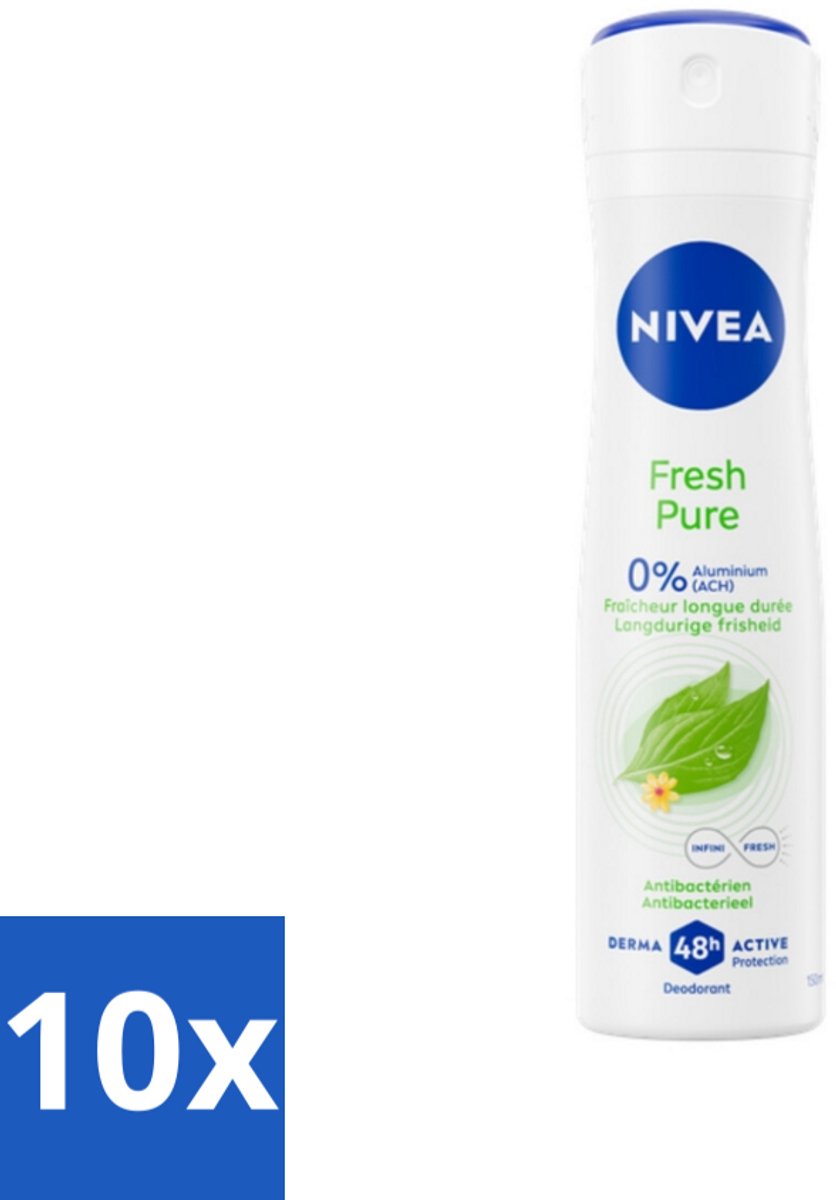 10 x Nivea - Deodorant - Spray - Fresh Pure - Langdurige Frisheid - 150 ml - NIVEA Fresh Pure Deodorant Spray - 48 Uur Geurbescherming - Aluminiumvrij Deodorant - Frisheid - Geur