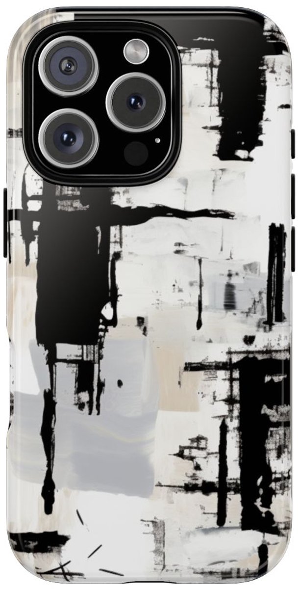 Monochrome Abstracte Penseelstreken – Telefoonhoesje Geschikt voor iPhone 16 Pro