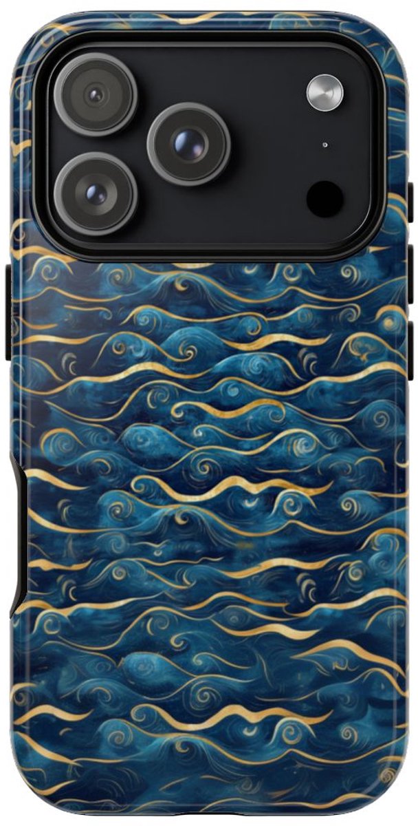 Blauw-Gouden Golfpatroon – Glanzend Stevig Telefoonhoesje Geschikt voor iPhone 17 Pro