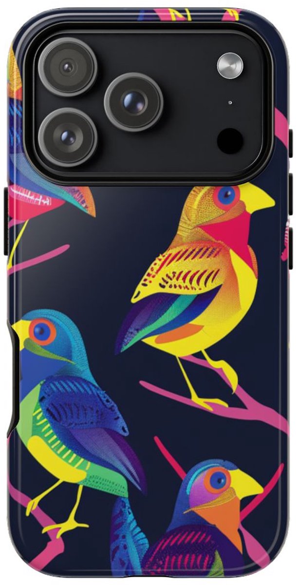 Neonkleurige Vogels op Takken – Telefoonhoesje Geschikt voor iPhone 17 Pro