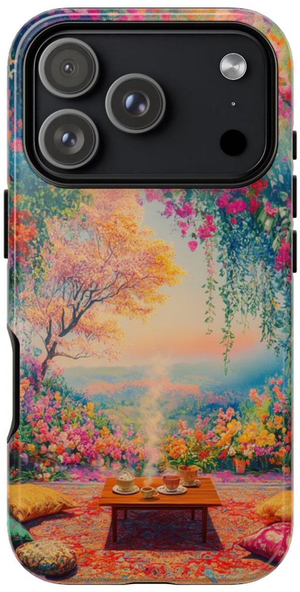 Vrolijke Bloementuin met Theemoment – Telefoonhoesje Geschikt voor iPhone 17 Pro