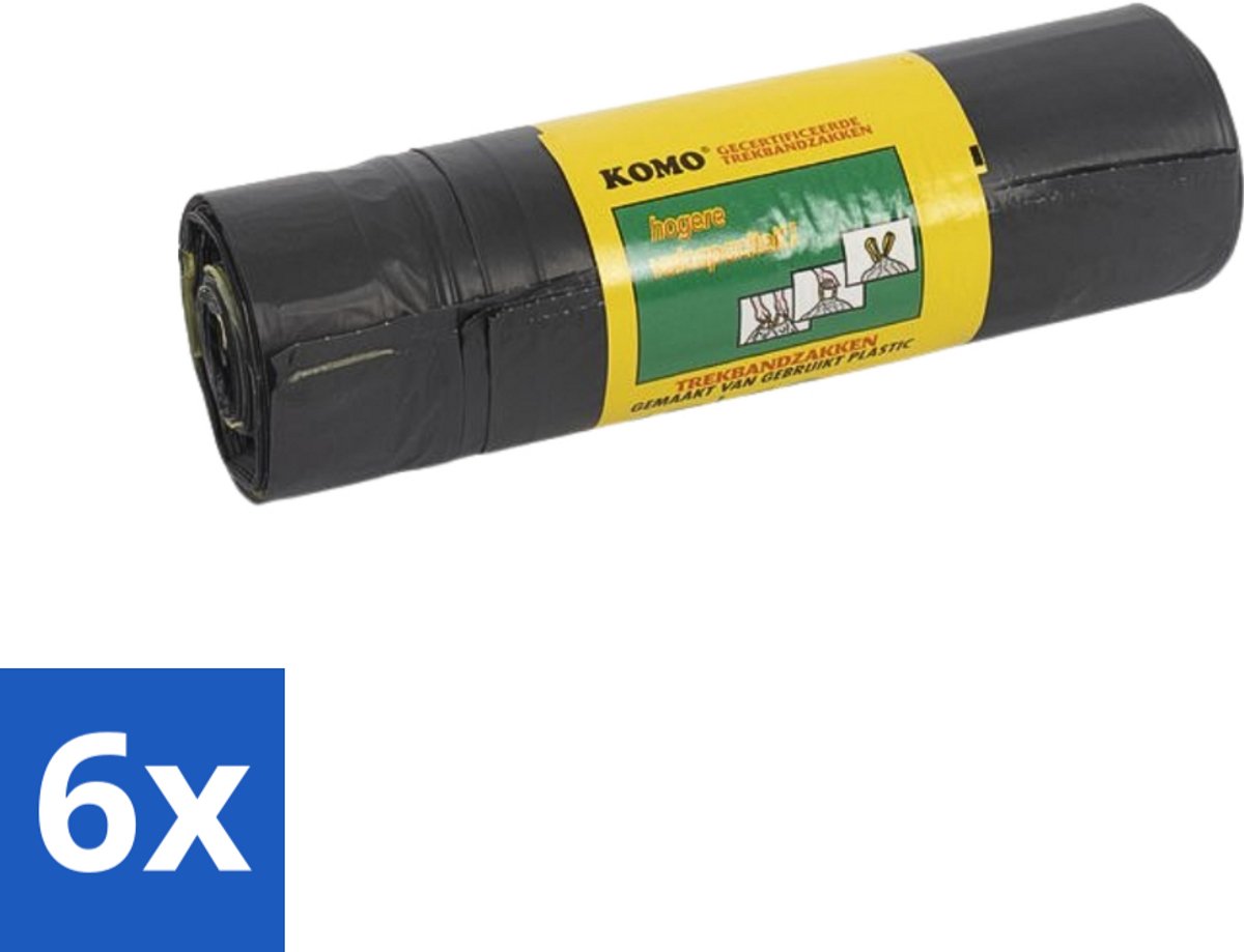6 x Komo Vuilniszakken Trekband 60L 15 stuks per verpakking - Afvalzak 60 L - Trekband Afvalzak - Hygiënische Afvalzak - Afvalzak LDPE - Afvalzak Huis