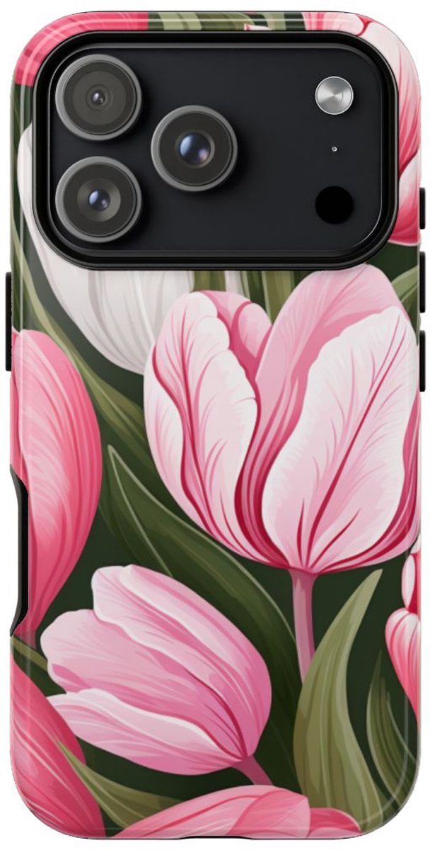 Roze en Witte Tulp Bloemenpatroon – Telefoonhoesje Geschikt voor iPhone 17 Pro