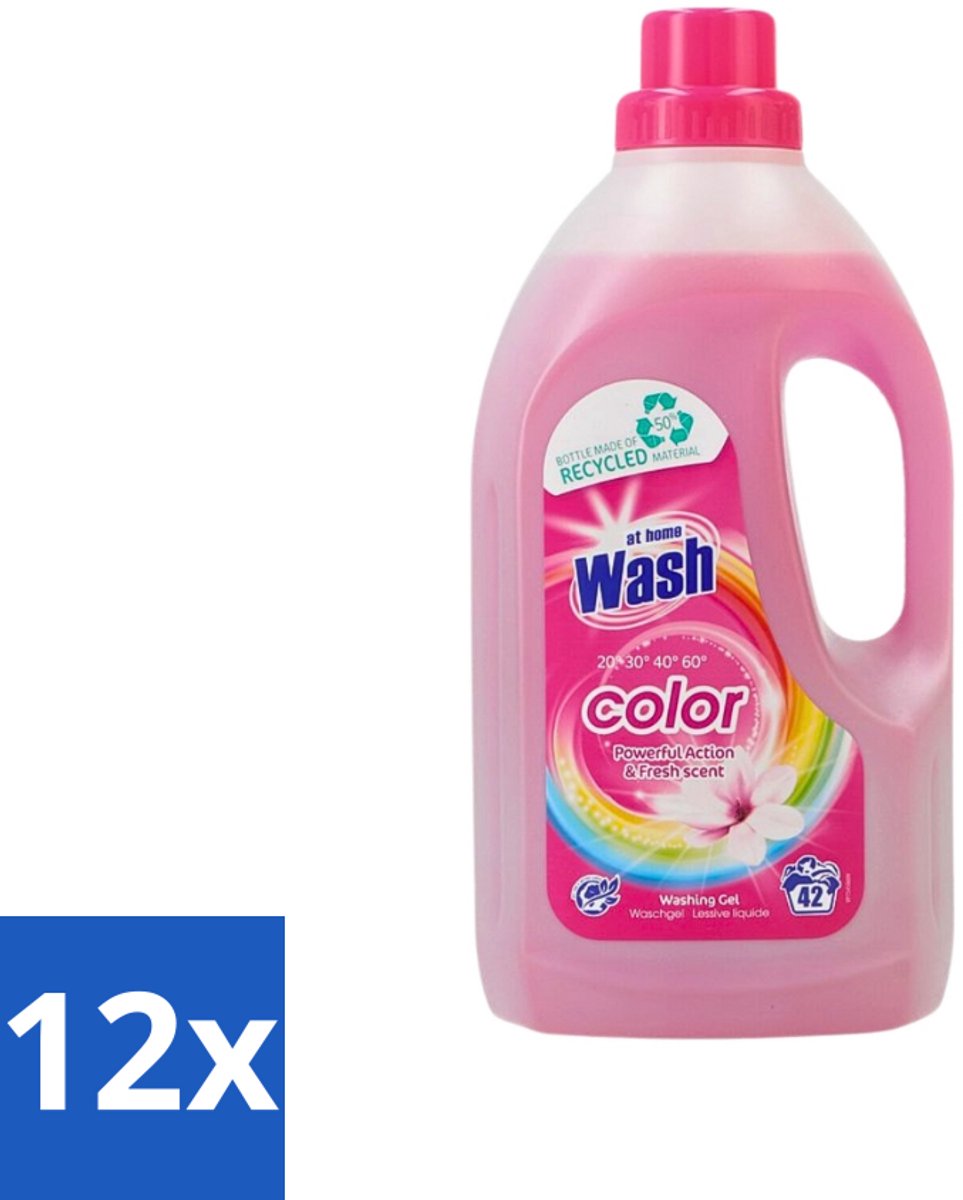 12 x At Home Wasmiddel Color 42 Wasbeurten Kleur 1,5 liter - Wasgel - Gekleurde Stoffen - Vlekken Verwijderen - Frisse Geur - Wasbeurten