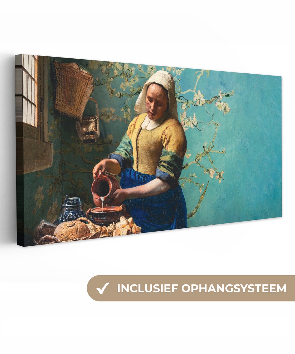 Canvas schilderij 200x100 cm - Wanddecoratie Melkmeisje - Amandelbloesem - Van Gogh - Vermeer - Schilderij - Oude meesters - Muurdecoratie woonkamer - Slaapkamer decoratie - Kamer accessoires - Schilderijen op canvas