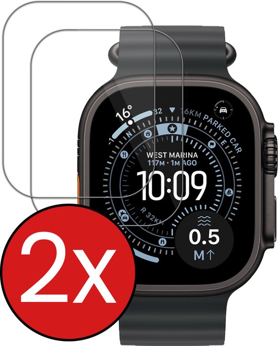 Twee screenprotectors op een donkergrijs Apple Watch Ultra.