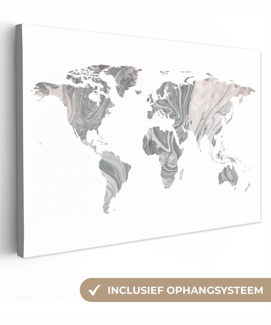 Wereldkaart avec un motif marbré gris sur fond blanc 60x40 cm