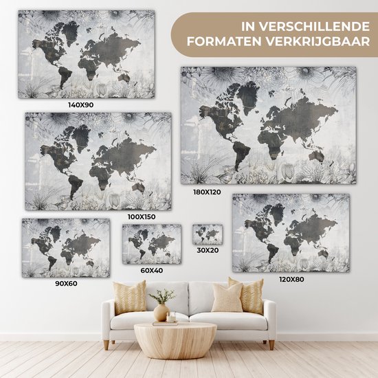 Wereldkaart avec motif béton gris foncé décorée d'illustrations de fleurs 90x60 cm
