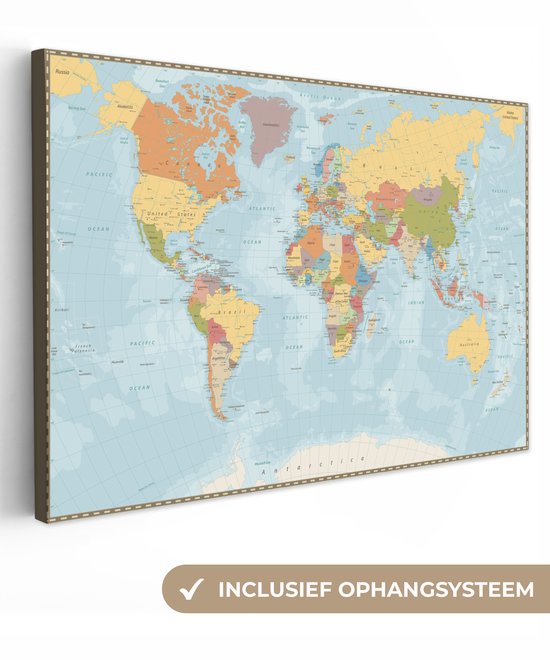 Peintures Toile Wereldkaart - Couleurs - Atlas - 120x80 cm - Décoration murale