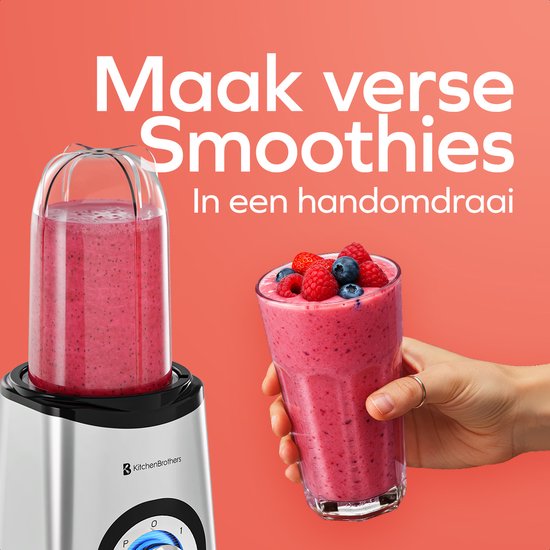 KitchenBrothers Smoothie Blender - 2-in-1 - Blender to Go - 4 Bekers - Smoothie Maker To Go - Mini Blender - Zilver