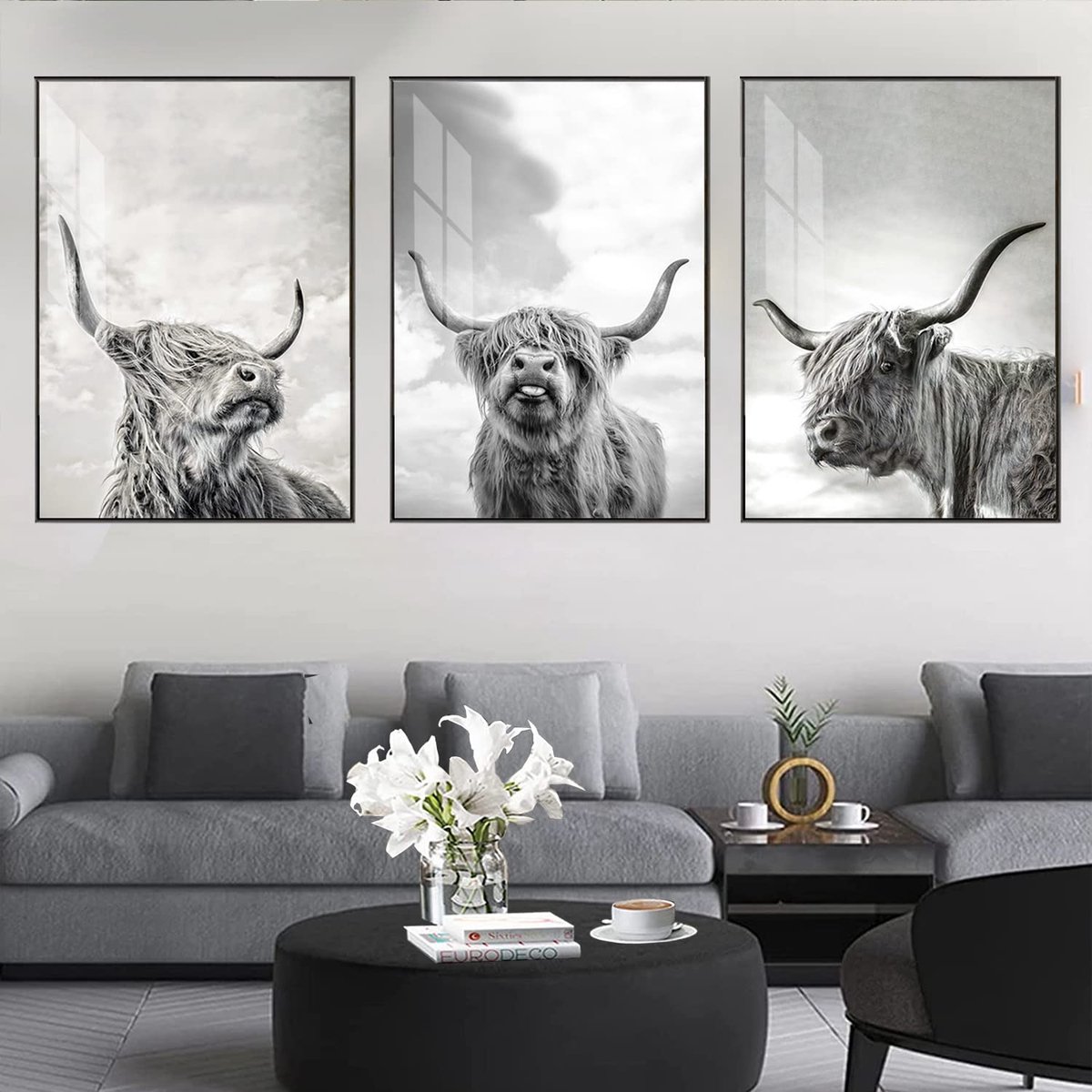 Ibenzoa Set van 3 Canvas Posters met Hooglandse Koeien voor Moderne Wanddecoratie Grijs