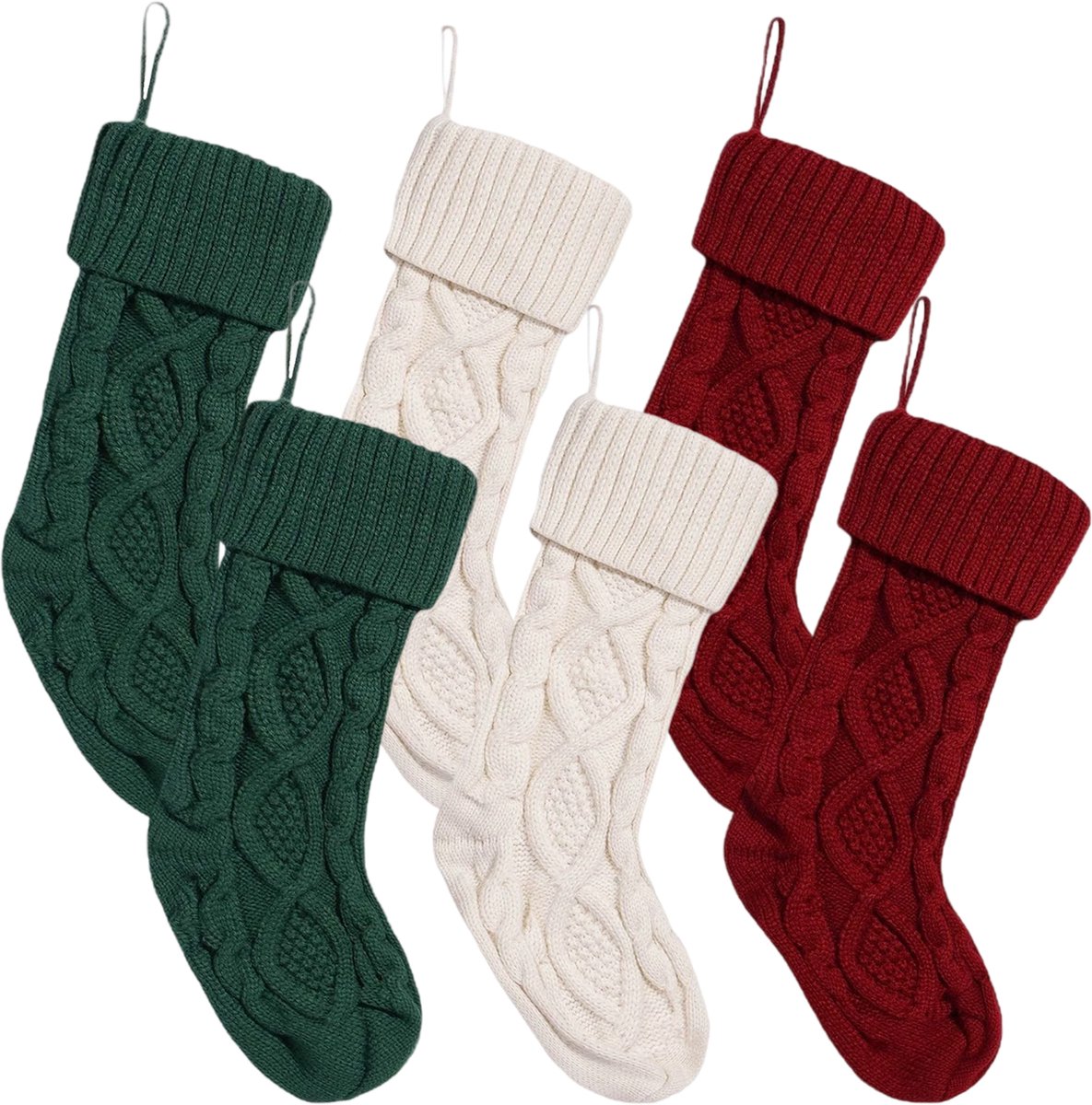 longziming -Set van 6 Gebreide Kerstkousen – Rood, Groen & Wit, Hoogwaardig Acryl, Stijlvol Vlechtpatroon – Decoratie voor Kerstboom, Huis & Feestdagen