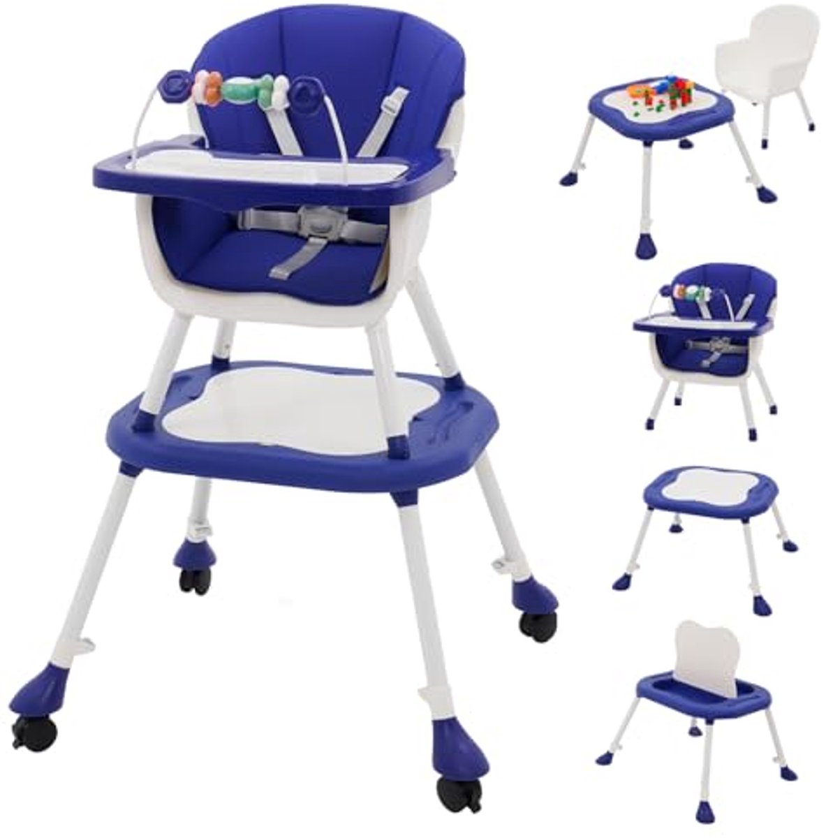 Image of 5-in-1 Hoge Kinderstoel met Tafel en Wielen - Verstelbare en Opvouwbare Kinderstoel met Comfortabele Veiligheidsriem