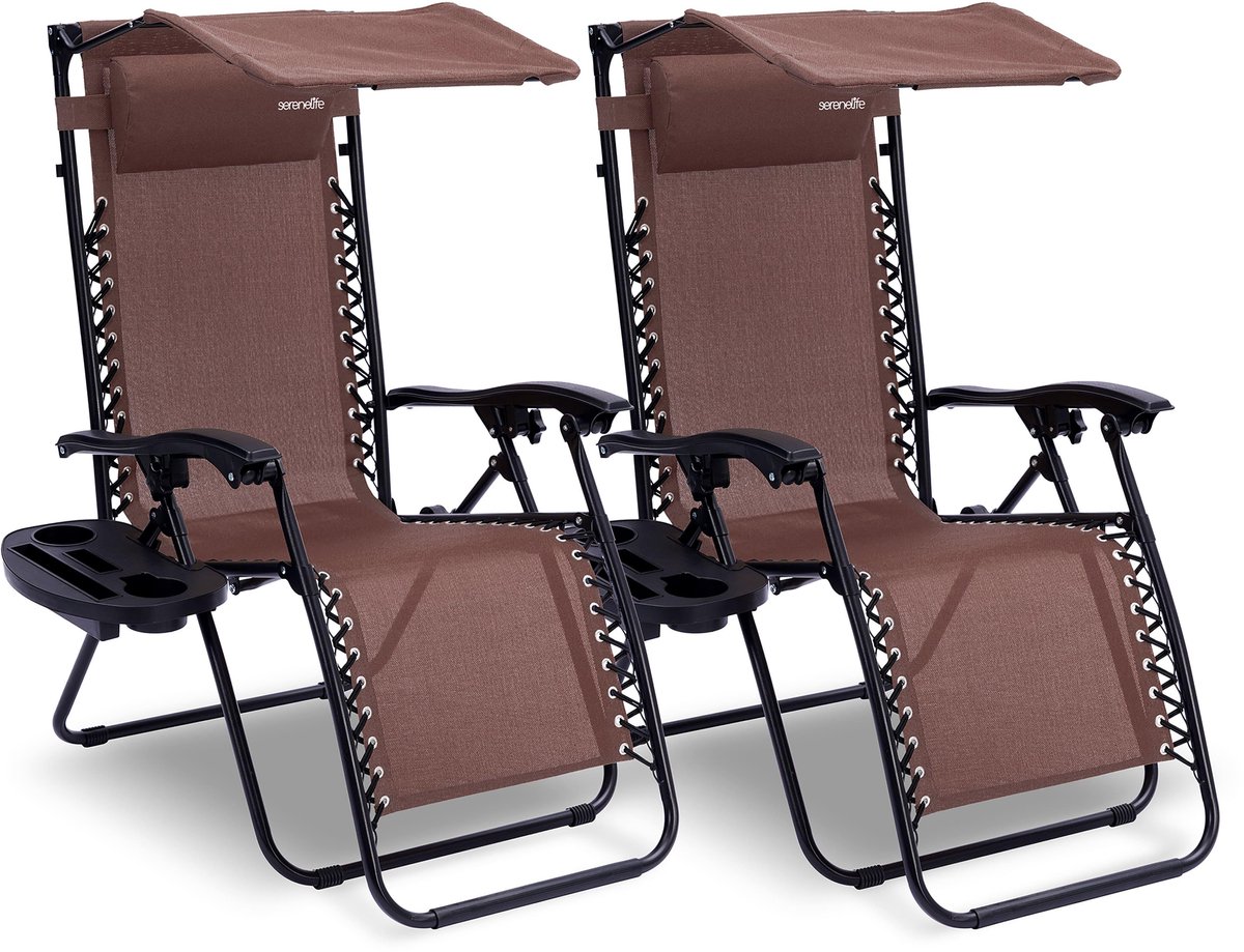 Lounge Stoel – Tuinstoel – Ligstoel – Relaxstoel – Verstelbare Stoel – Ingebouwd Zonnescherm – Afneembare Zijtafel met 2 Cupholders