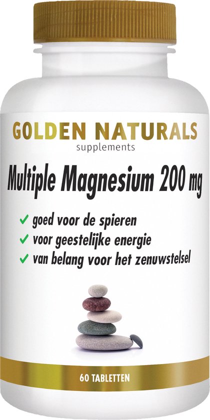 Pot Golden Naturals Multiple Magnesium 200 mg met 60 tabletten. Goed voor spieren, energie en zenuwstelsel.