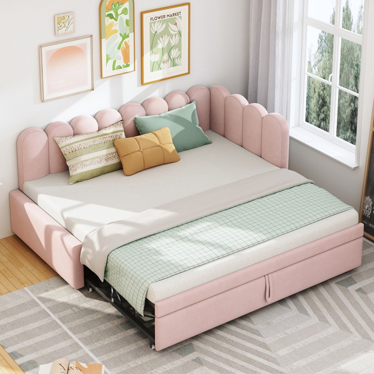 Komhtom Multifunctionele 2-in-1 slaapbank in L-vorm (90/180 x 200 cm), roze fluweel Gestoffeerde bank Ruimtebesparend ontwerp Kan worden gebruikt als kinderbed of logeerbed.