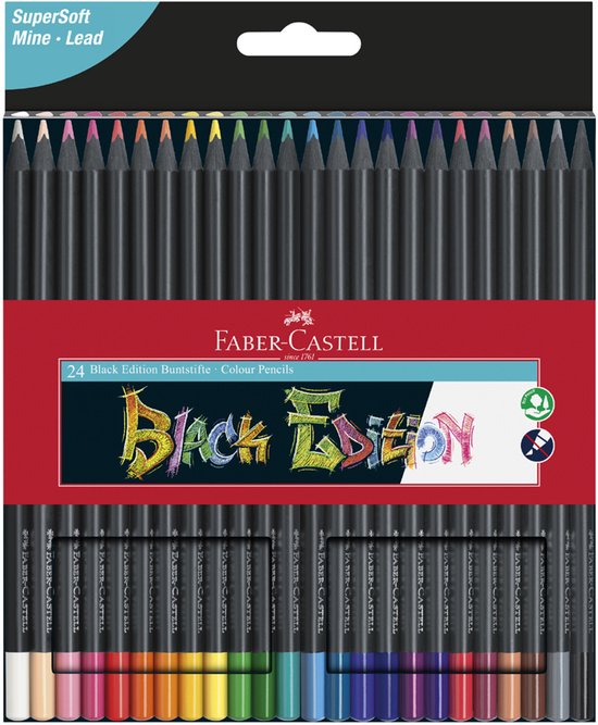 Verpakking met 24 Faber-Castell 'Black Edition' kleurpotloden in zwart met gekleurde punten.