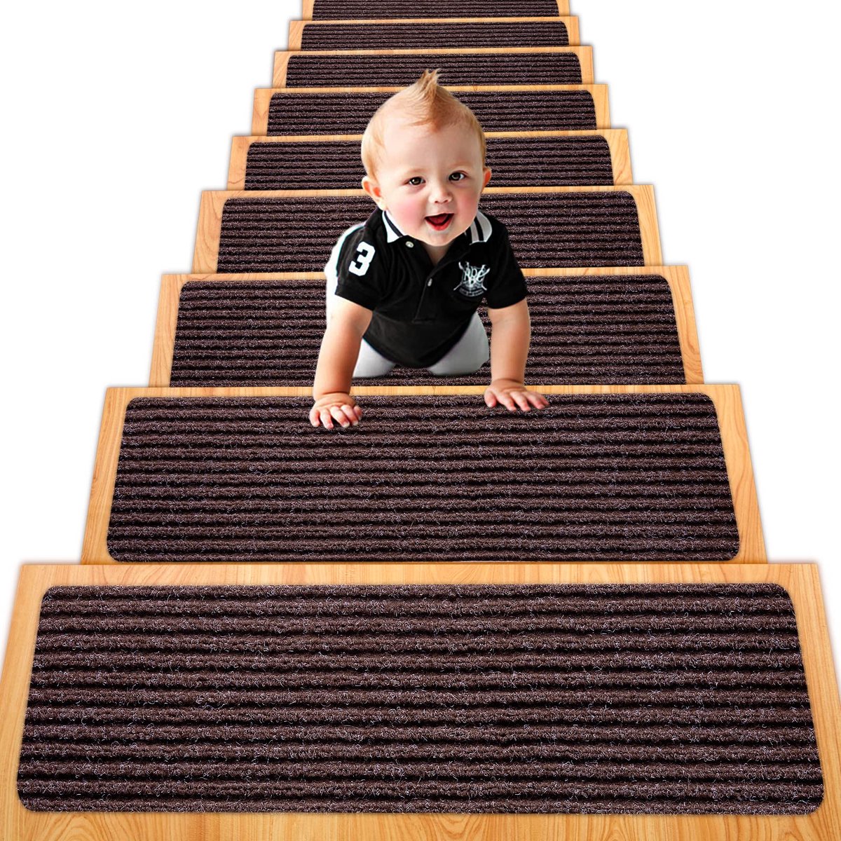 Ibenzoa® Set van 15 antislip trapmatten voor diverse trappen met zelfklevende strips
