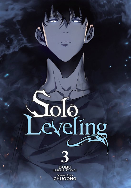 De cover van Solo Leveling deel 3, met een anime-stijl man met witte ogen en blauw haar, omringd door rook.