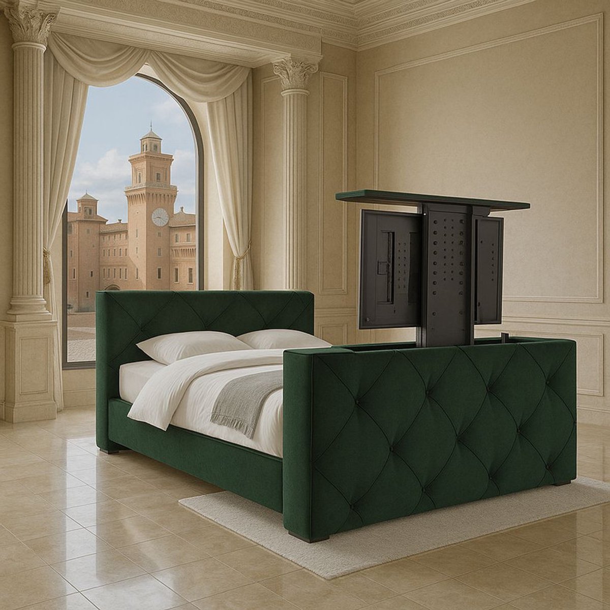 Boxspring Ferrera met voetbord TV-lift 200x200 cm Donkergroen