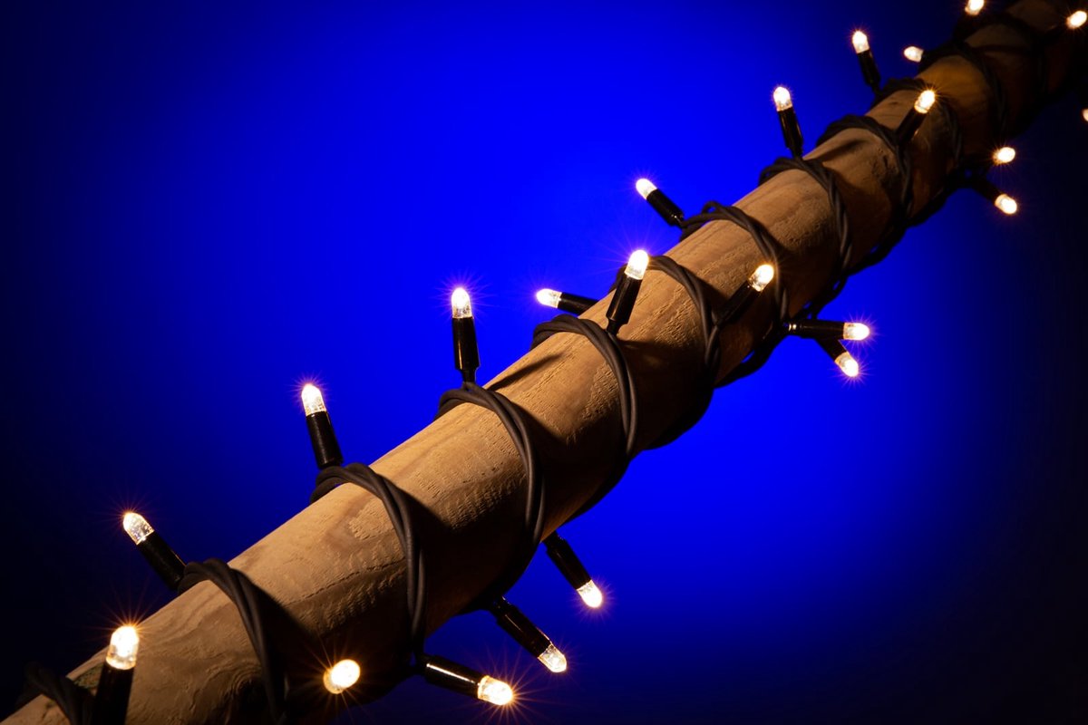 LED kerstverlichting buiten, modern warm wit, zwart snoer, 100 lampjes.