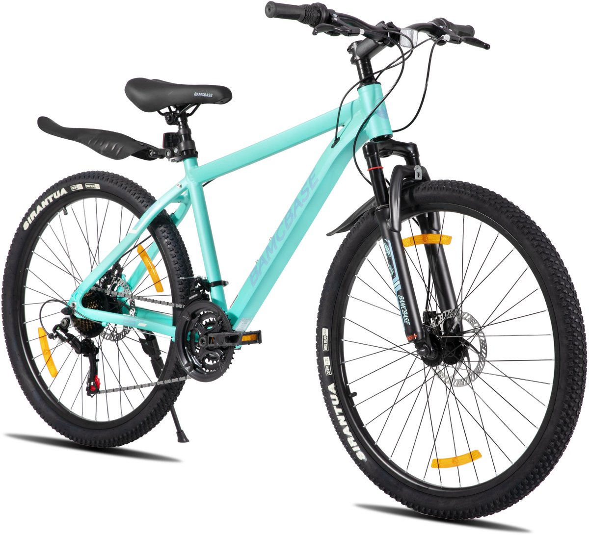 Bamcbase Sedona voorvering mountainbike - 26" - aluminium frame - 21 versnellingen - handrem - mechanische schijfremmen - Bell - spatborden - groen - Geschikt voor buitenactiviteiten in de lente