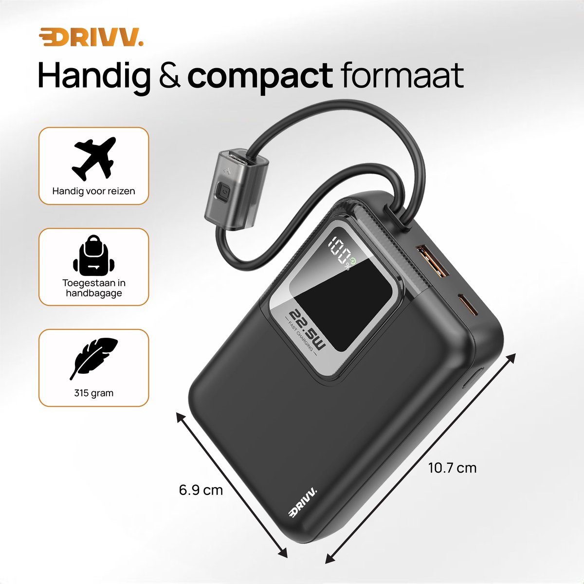 Drivv. Powerbank 20.000 mAh met Ingebouwde Kabels - afbeelding 3