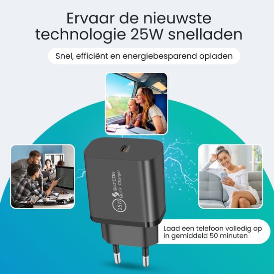 Adaptateur USB C Siltcon® 25 W - Chargeur rapide USB C - Chargeur USB C - Convient pour chargeur Samsung - Universel, entre autres Téléphones et Tablettes - Câble USB-C de 2 mètres inclus