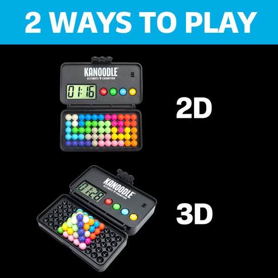 Kanoodle Ultimate Champion spel in 2D en 3D modus met gekleurde ballen.