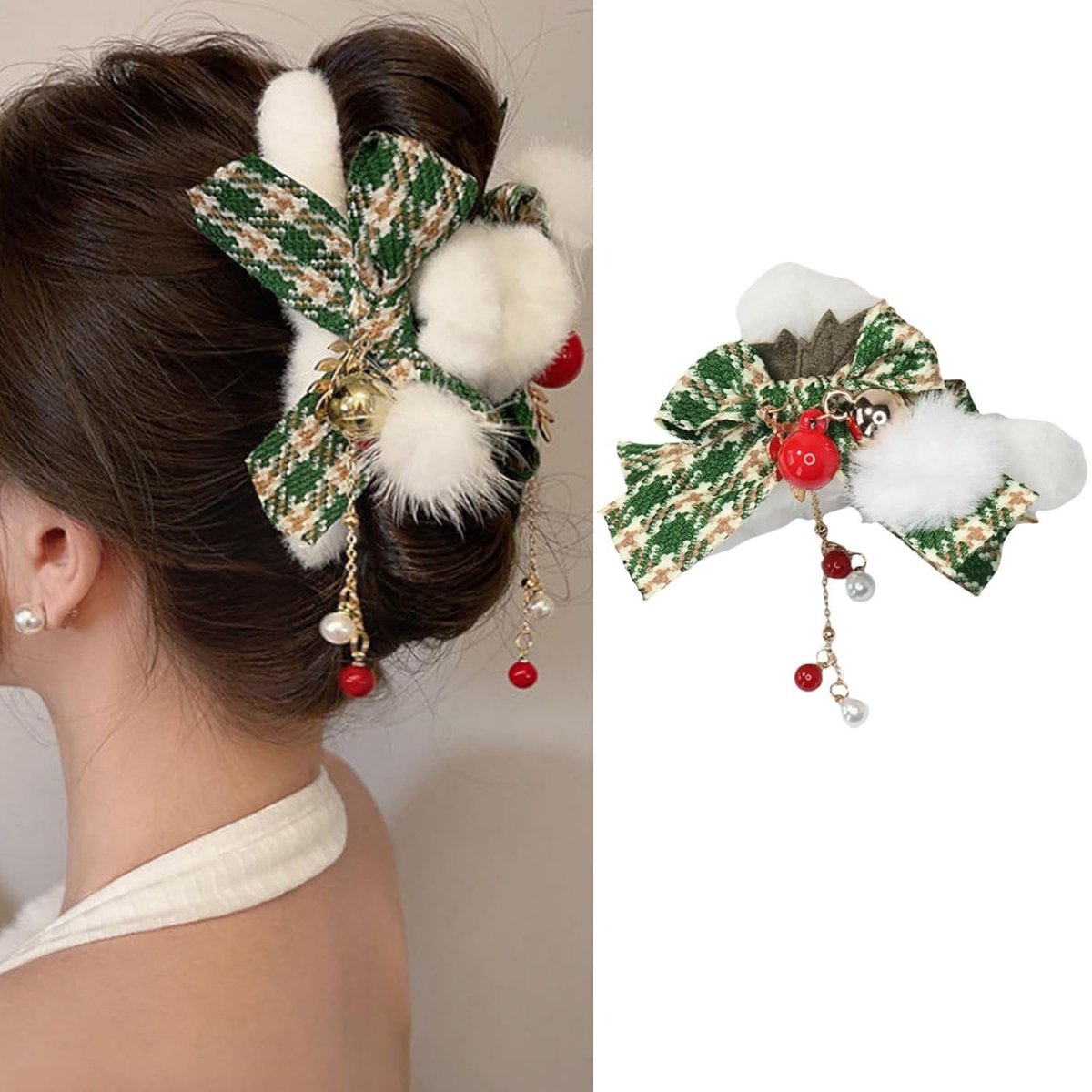 Daity Groene geruite strik schattige - zachte kerst haarspeld met bel kwast ontwerp - Sterke fixerende grote acryl clip - geschikt voor kerst haaraccessoires
