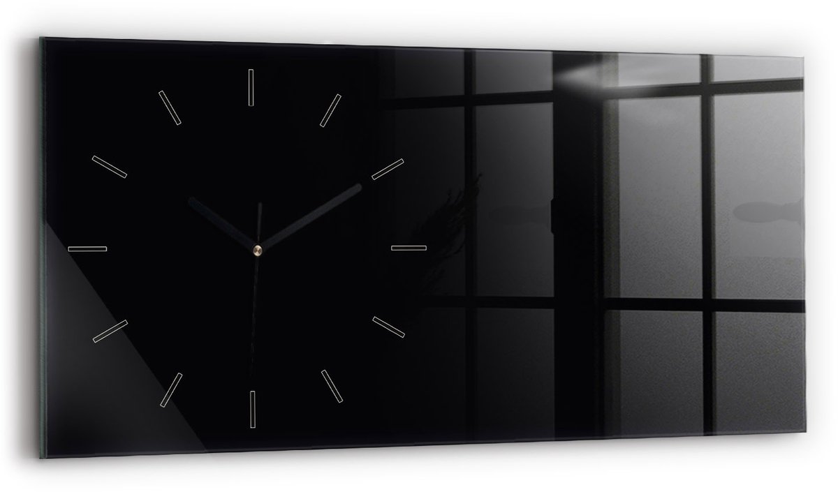 Wallfluent Wandklok - Zwart Rechthoekige Glas Klok - 60 cm x 30 cm - Zwart Wandklok - Zwarte Handen - Wandklok Zonder Cijfers - Stille Wandklok Slaapkamer - Rechthoekige Glazen Wandklok - Scandinavisch Wandklok - Glazen Klok Rechthoekige