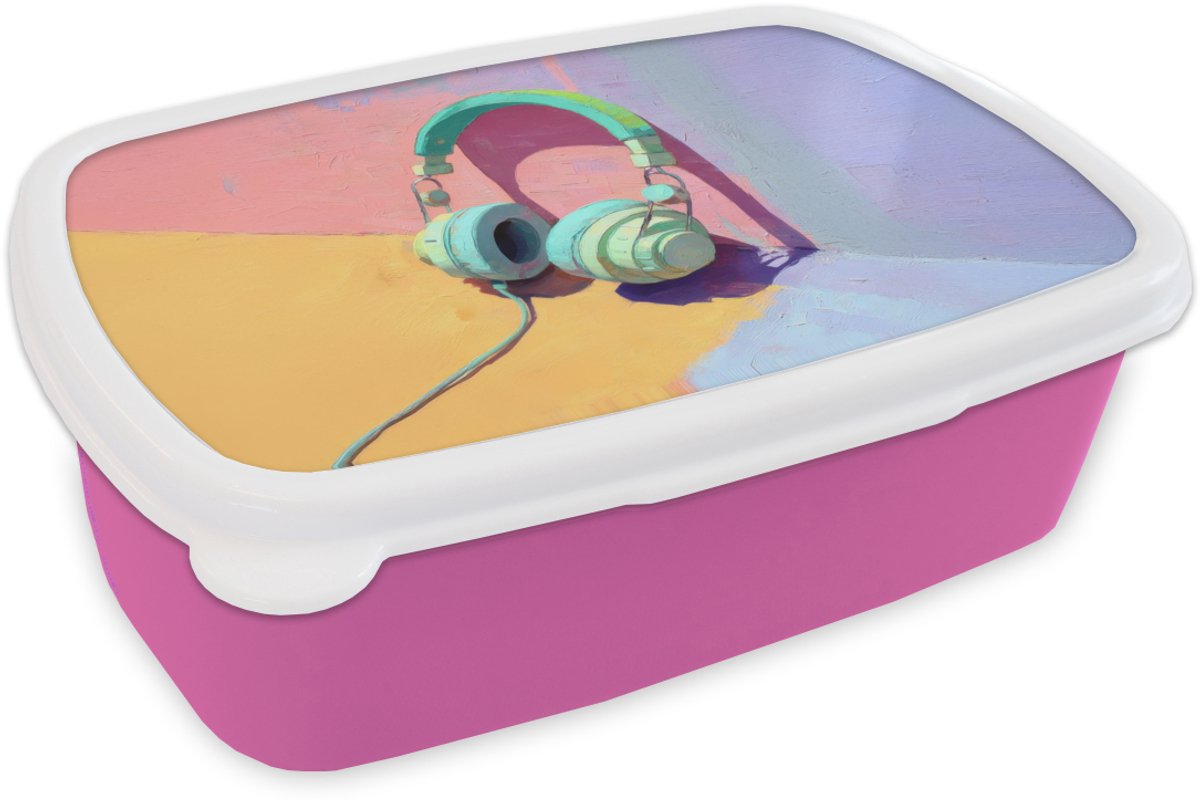 Broodtrommel Roze - Lunchbox Koptelefoon - Mintgroen - Draad - Brooddoos 18x12x6 cm - Brood lunch box - Broodtrommels voor kinderen en volwassenen