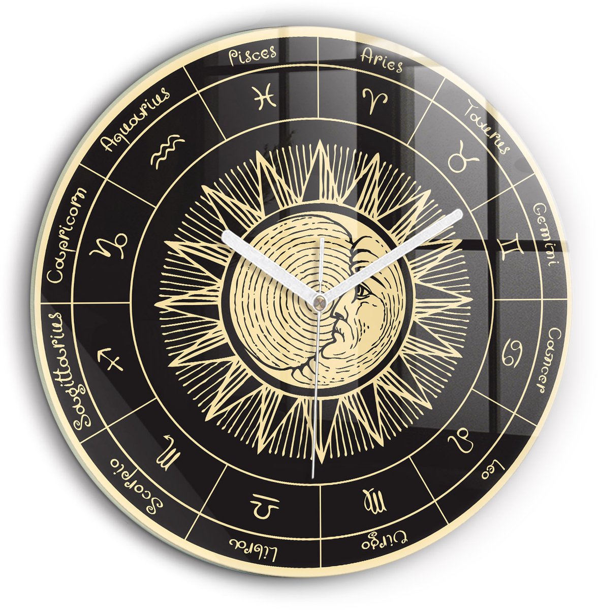 Wallfluent Wandklok - Dierenriem en de zon Klok met Afbeelding - 60 cm x 60 cm - Zwart Wandklok - Witte Handen - Klok zonder getallen - Kinder Wandklok Glas - Klok als Muurdecoratie - Modieuze Klok - Klok als Muurdecoratie