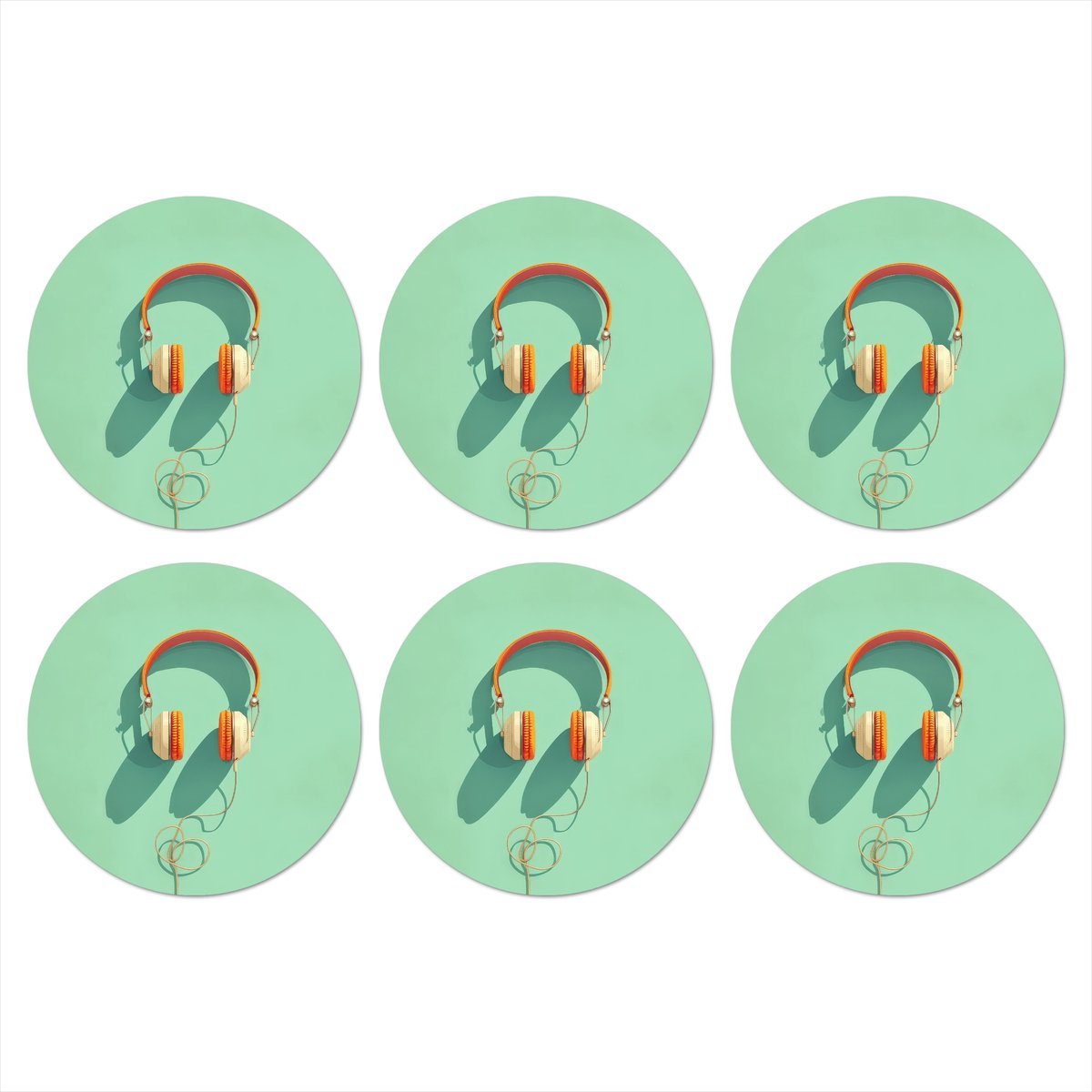 Onderzetters voor glazen - Rond - Koptelefoon - Oranje - Snoer - Minimalistisch - 10x10 cm - Glasonderzetters - 6 stuks