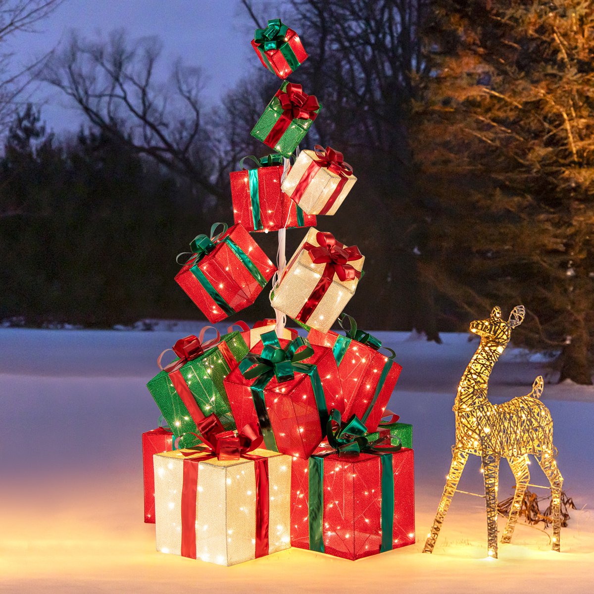 COSTWAY 313 cm hoge kerstboog met verlichting, torenboog voor Kerstmis, groot, kerstdecoratie XXL, kerstdecoratie, kerstverlichting voor buiten en binnen