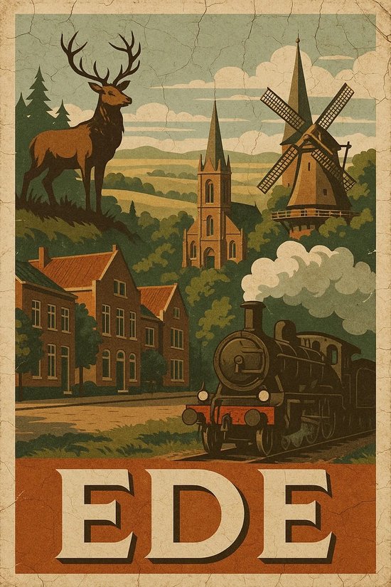 Ede Poster - Steden Posters - Nederland - Tekst - Veluwe - Hert - Stoomtrein - Wanddecoratie Woonkamer - 180 gram papier - S6639WV - Formaat 50 x 70cm
