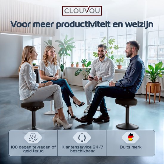 Mensen die werken in een kantoor, zittend op zwarte, ergonomische zadelkrukken.