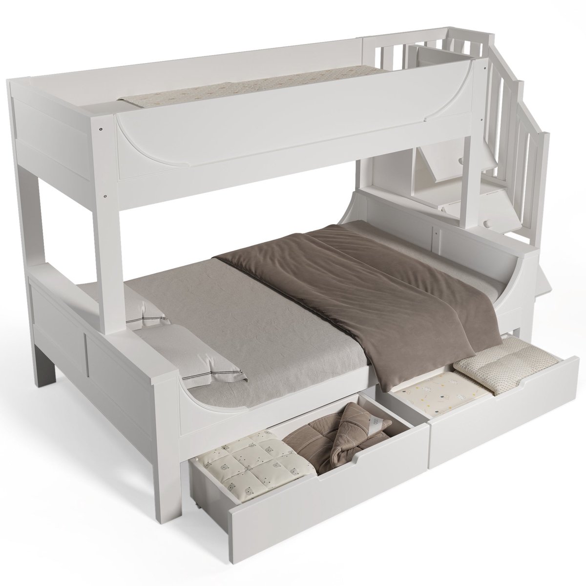 Merax Kinder Stapelbed met Leiterschrank en Schubladen - Elegant Schlittenvorm Design - Houten Bed met Randenbescherming en Lattenbodem - Boven 90x200cm - Onder 140x200cm - Wit (Zonder Matras)