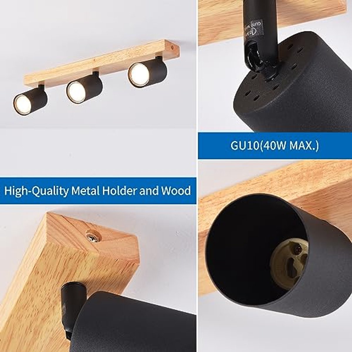 Dimbare Plafondspot GU10 met Houten Basis - Rotatable LED Plafondlamp voor Binnen