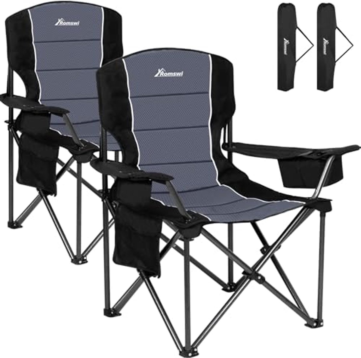Extra grote campingstoelen met hoge ondersteuning, onmisbare opvouwbare tuin- en visstoel met bekerhouder en koeltas, set van 2