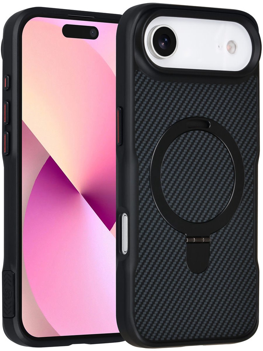 TUNIQ Back cover voor iPhone 17 Air - MagSafe - Ring Stand - Carbonfiber - Zwart