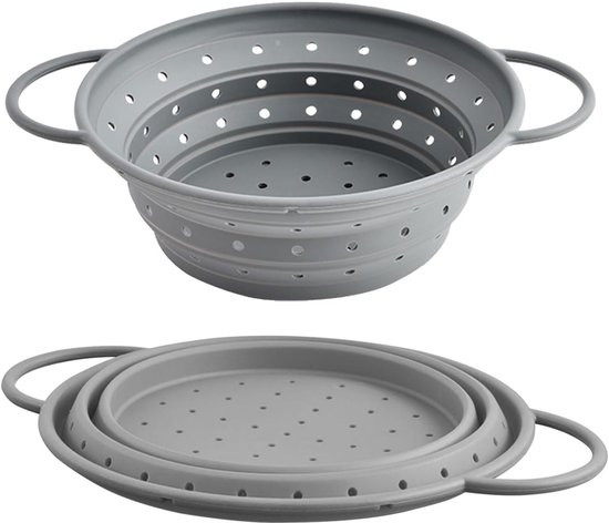 QTTVBTNA - 1 pièce Passoire Silicone Pliable - Passoire Microperforée pour Pâtes & Légumes - Ustensile de Cuisine Économe en Espace pour Tiroirs & Camping - Résistant au Lave-vaisselle & Sans BPA - 21,6 cm - Grijs