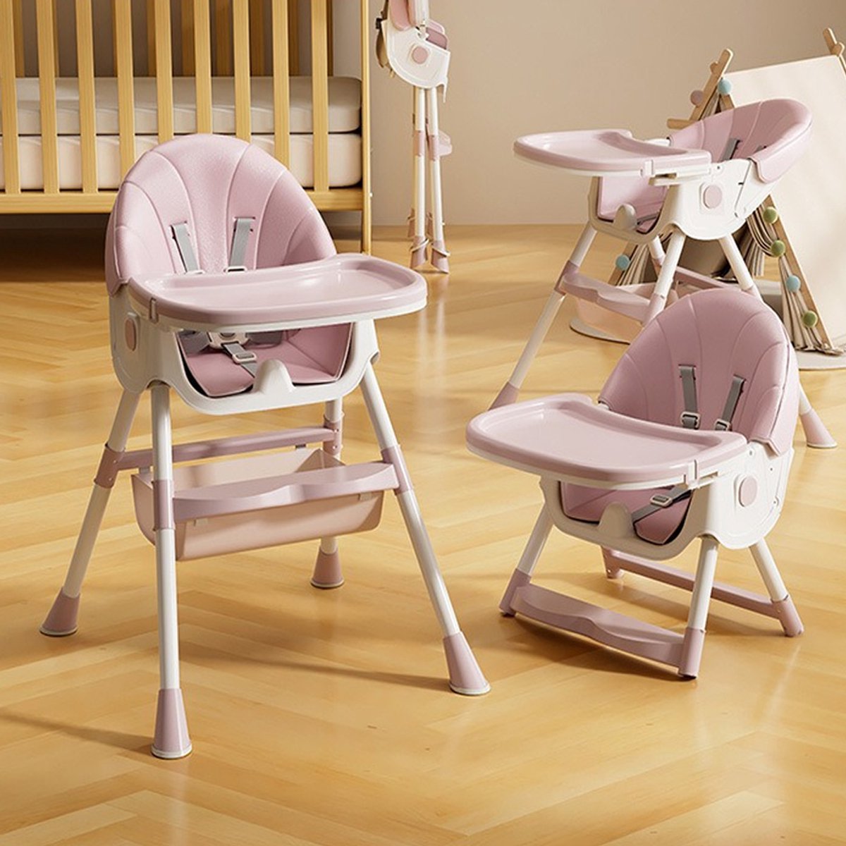 PIPIPOXER 3-in-1 kinderstoel met veiligheidsgordel, opvouwbaar, in hoogte verstelbaar frame, afneembaar eetblad, Roze