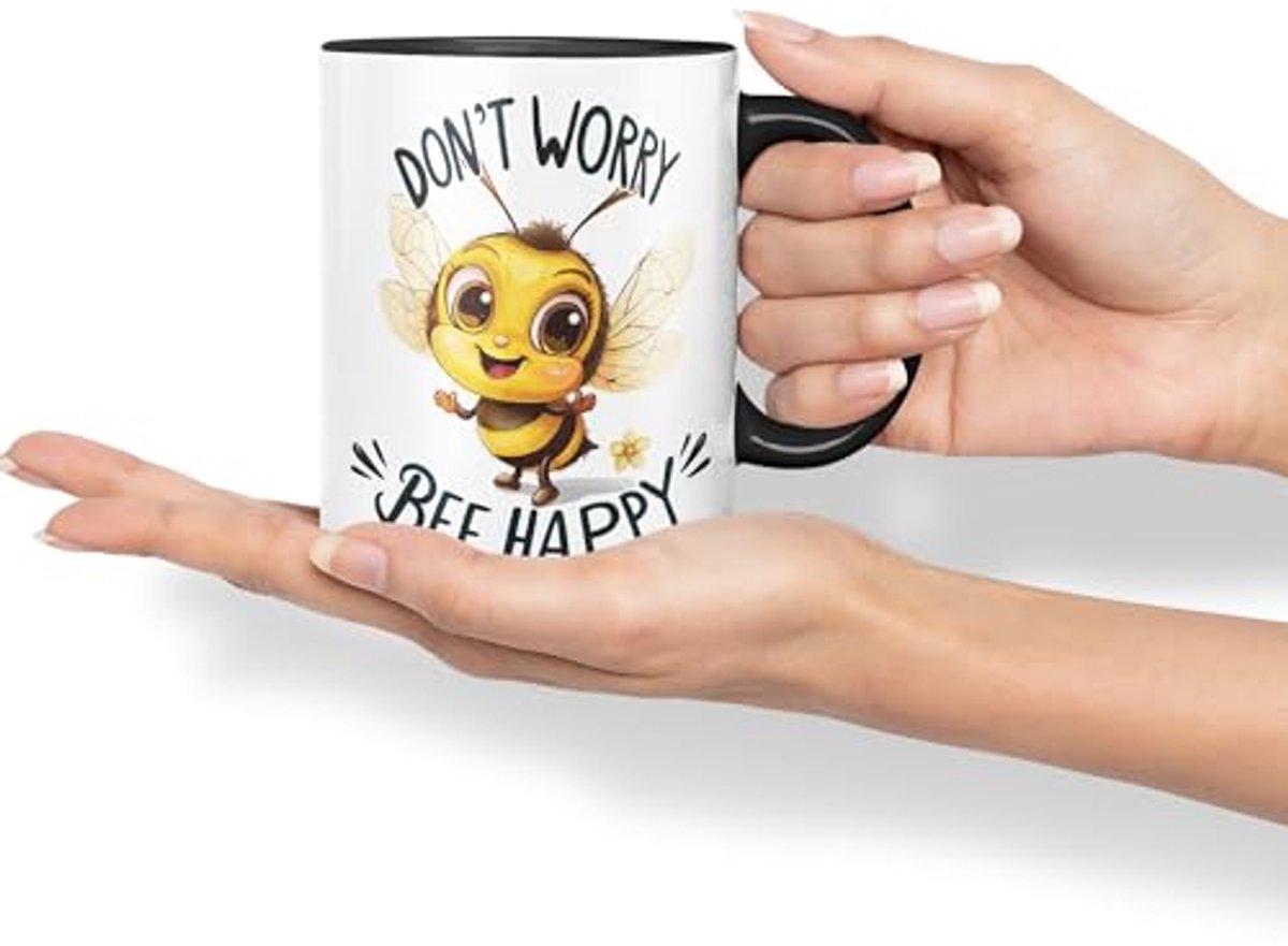 Keramische gekleurde mok met sarcastische 'Don't Worry Bee Happy' tekst – 330ml