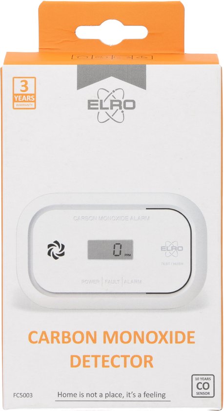 Verpakking van de koolmonoxidemelder met "3 YEARS WARRANTY" en "CARBON MONOXIDE DETECTOR" op de voorkant.